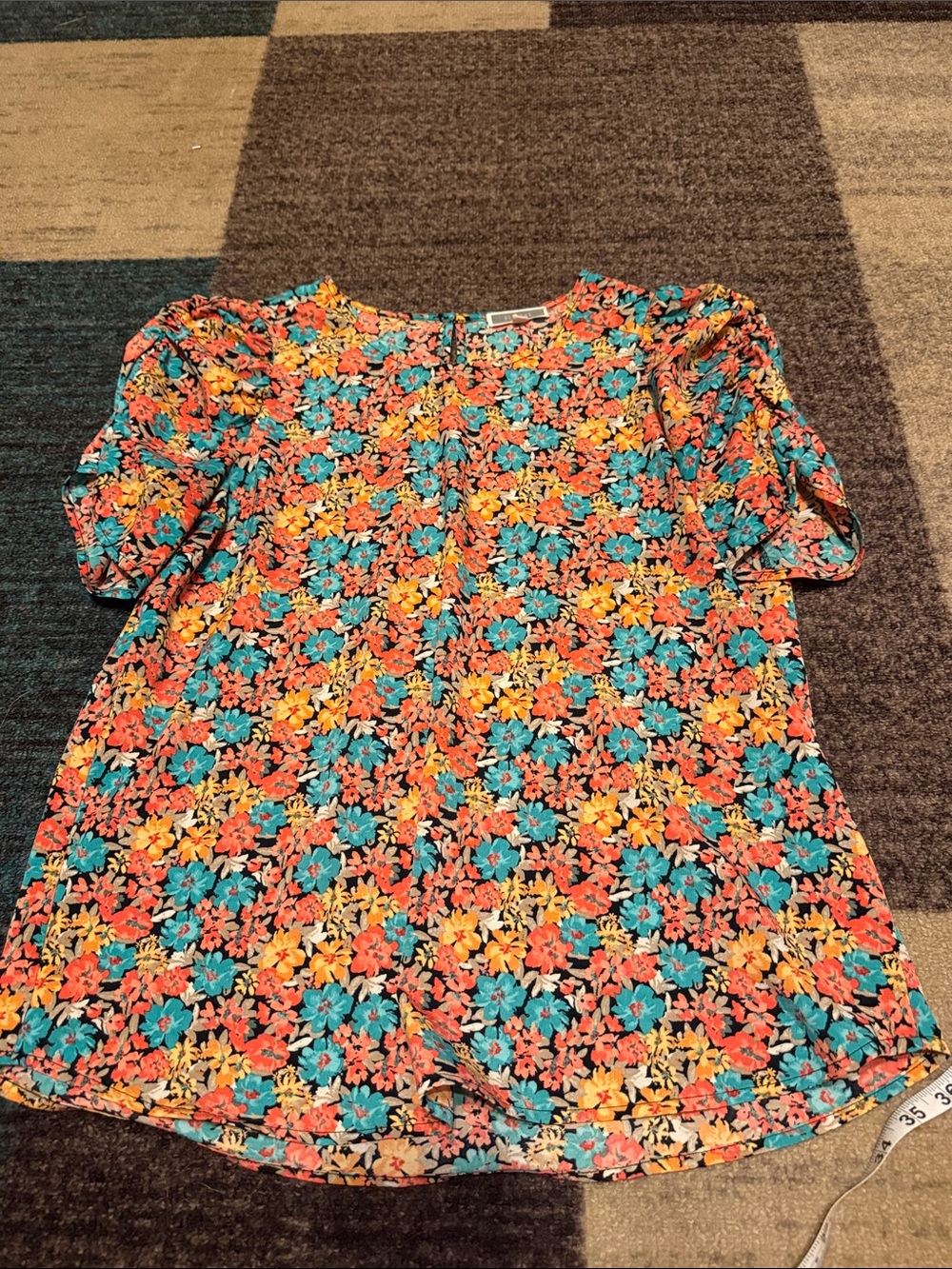 Pleione Floral Short-Sleeve Blouse - Teal, Coral, Yellow